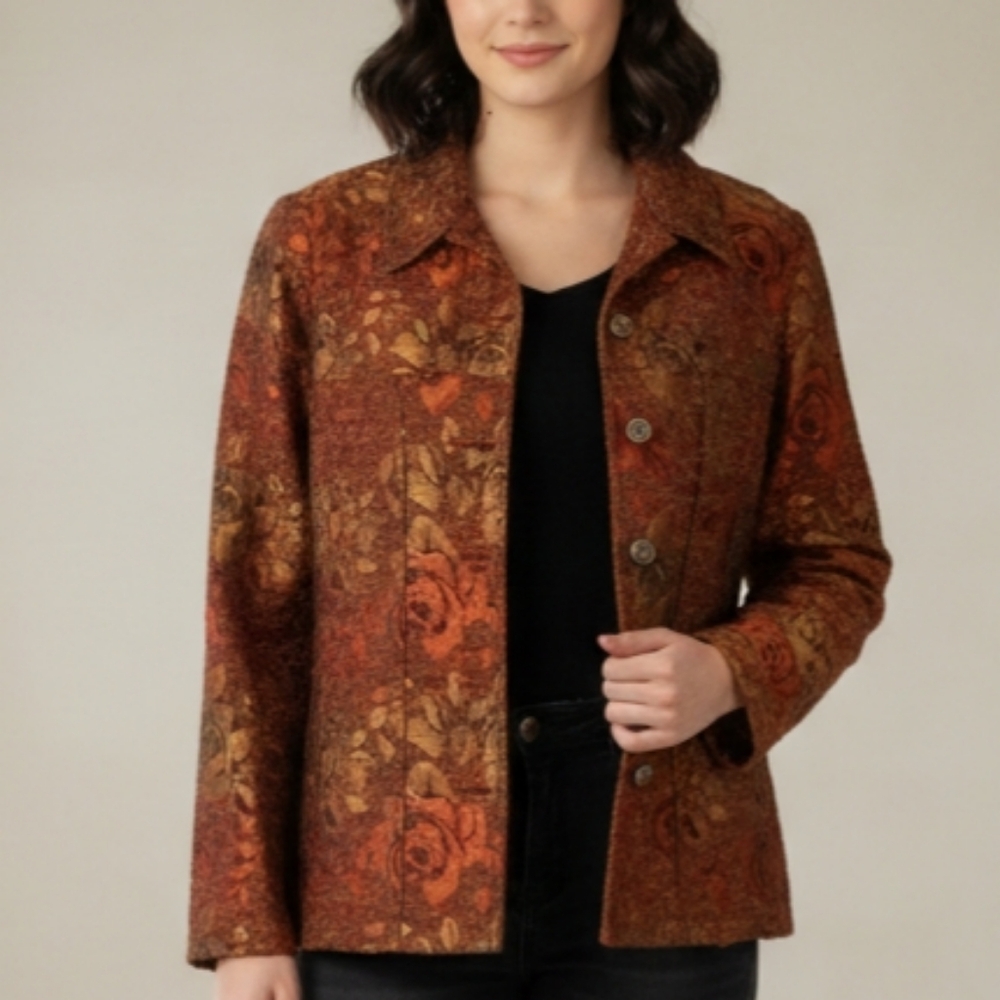 TanJay💝BROCADE Textured Floral Blazer - Brown/Orange/GOLD Metal Buttons Sz 16P